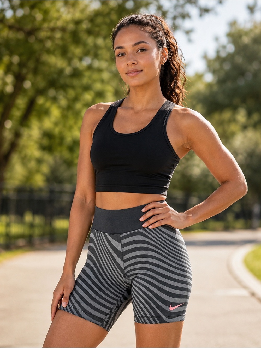 Nike Black Crop Sports Tank with Gray Striped Bike Shorts